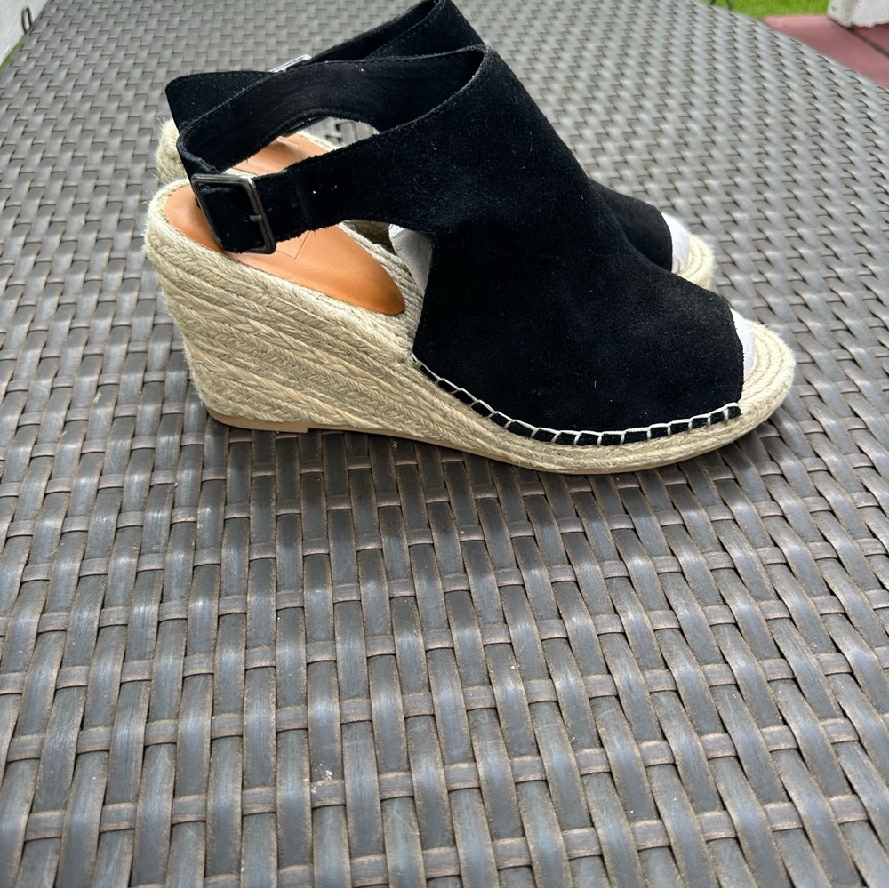 New GAP Black Suede Leather Espadrille Wedge Sandals, Size 11, Open Toe, Women's